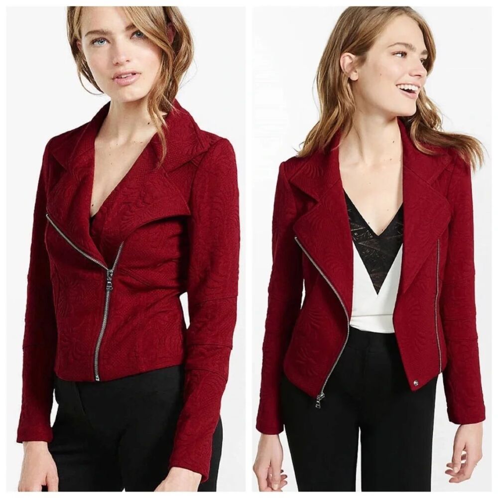 Express Womens Moto Jacket Size M Red Lacquer Embossed Asymmetrical Zip Textured